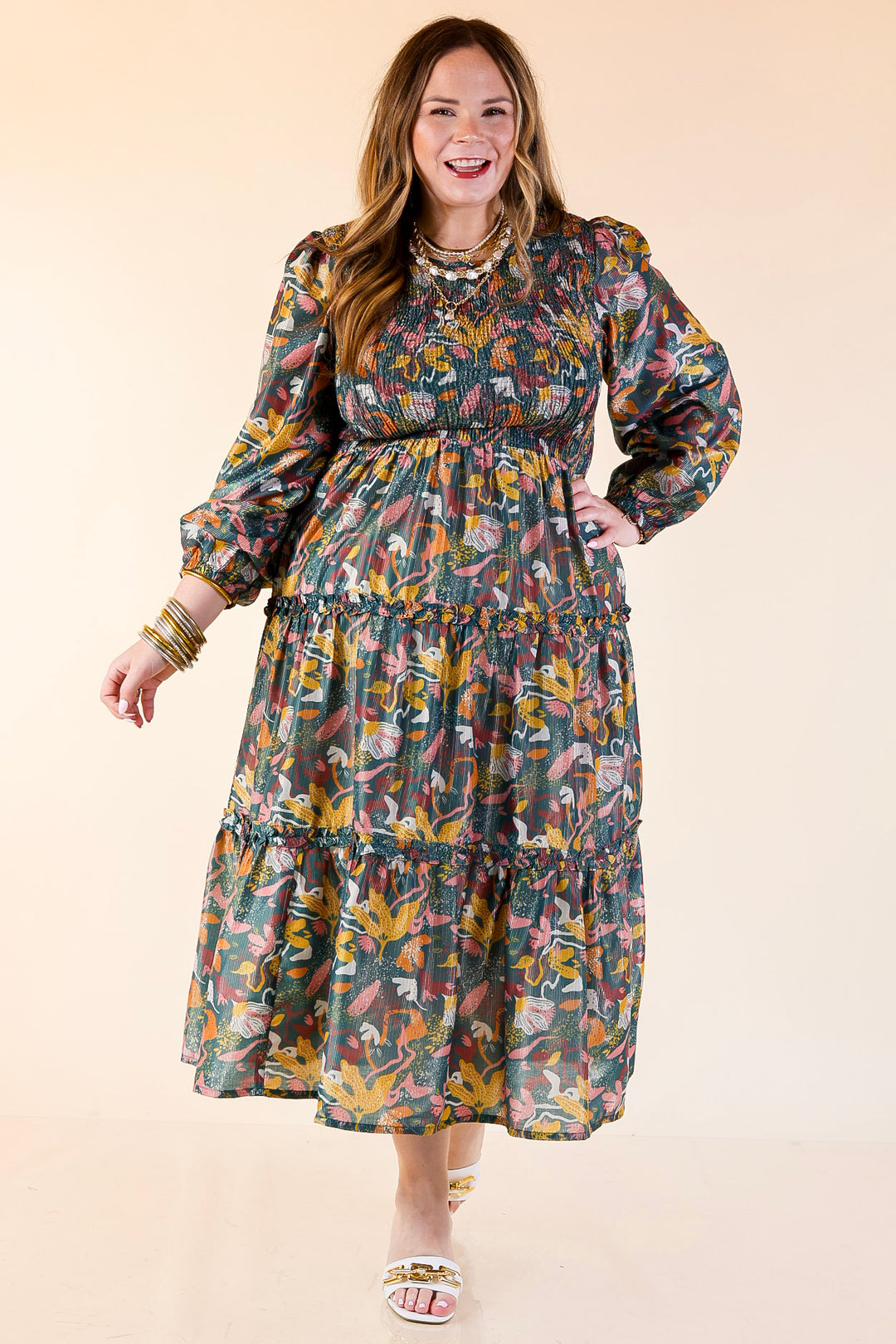 Mud Pie | Shaffer Smocked Bodice Long Sleeve Midi Dress with Tiered Skirt in Blue Mix