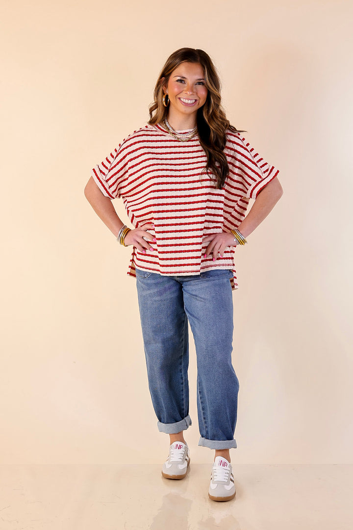 On The Daily Scoop Neck Short Sleeve Textured Top in Red