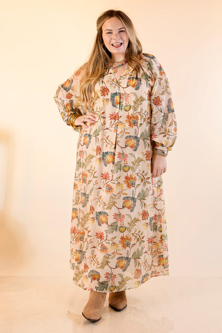 Charming Impression Floral Print Maxi Dress with Long Sleeves in Cream, Olive, Teal and Rust