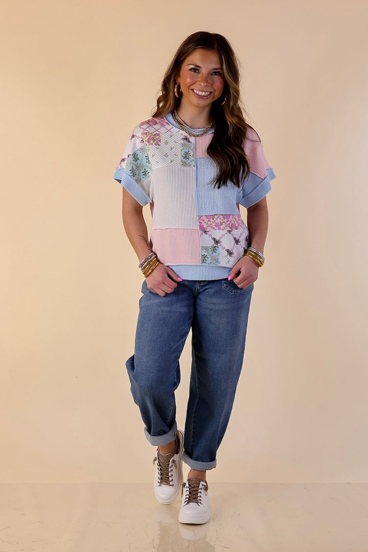 Simply Southern | Styled to a Tee Color Block Patchwork Ribbed Short Sleeve Top in Blue Mix