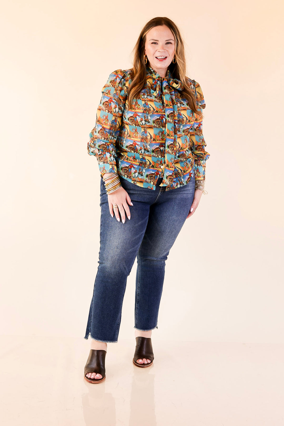 Wild at Heart Bowtie Button Up Collared Mesh Blouse Top with Cowboy Pop Art Print in Blue