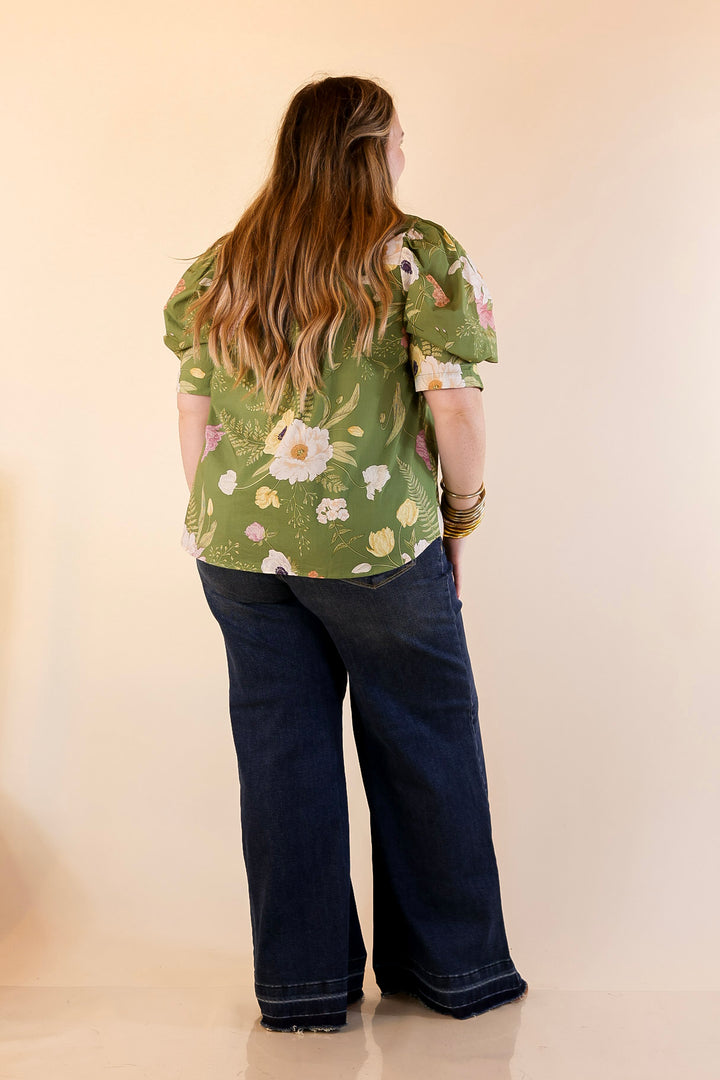First Glance Button Up Puff Sleeve Floral Print Top in Olive Green