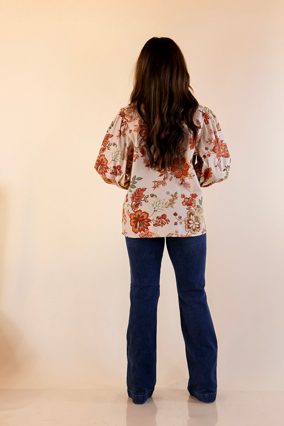 Autumn Allure Floral Long Sleeve Top with Contrast Trim in Rust Orange