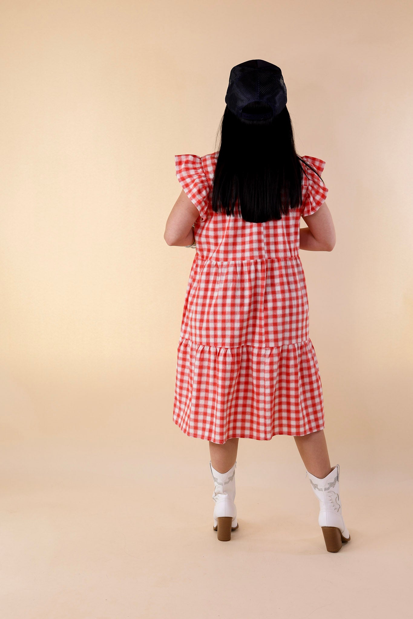 Sunny Pier Gingham Dress with Ruffle Cap Sleeves in Coral Red and White - Giddy Up Glamour Boutique