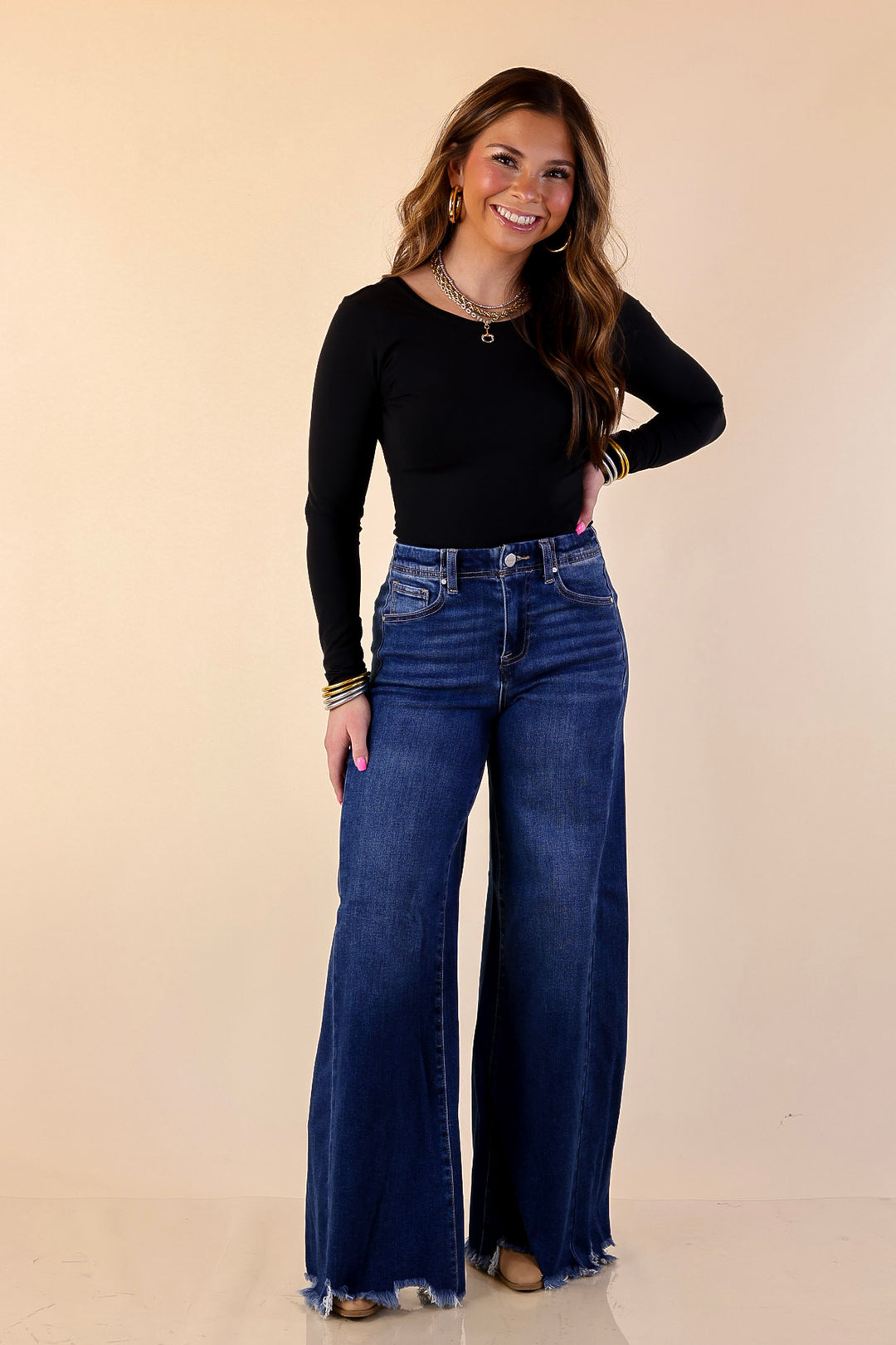 Risen | Holding Steady Wide Leg Raw Hem Jeans in Dark Wash