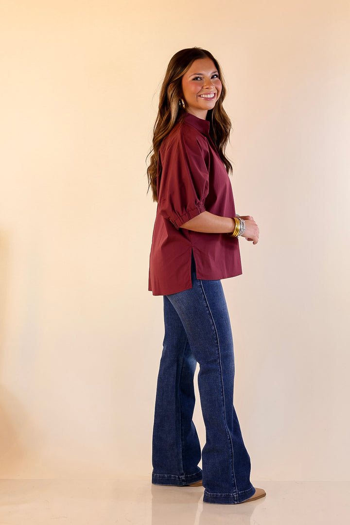 Elevated Basic V-Neck Blouse With Drop Shoulder in Maroon