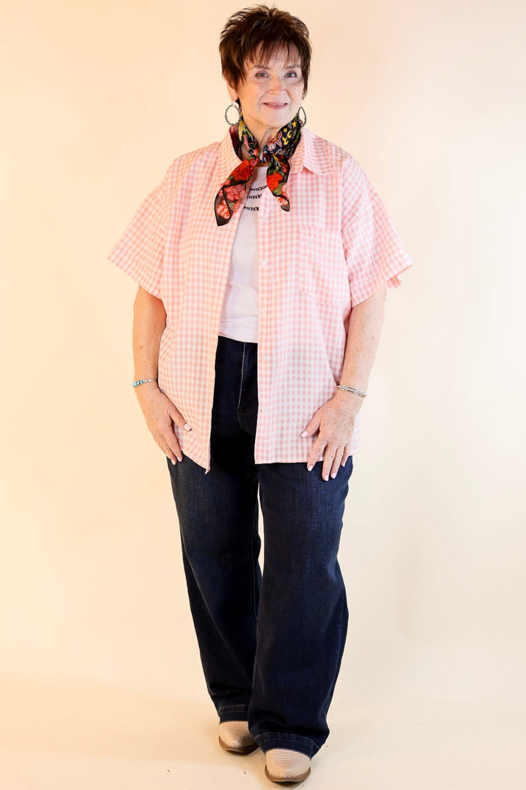 What A Rush Button Up Gingham Short Sleeve Top in Light Pink