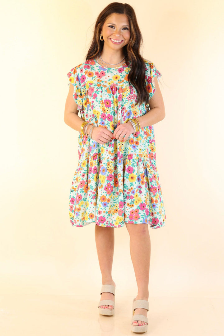 Greek Isles Floral Dress with Ruffle Cap Sleeves in Mint Green