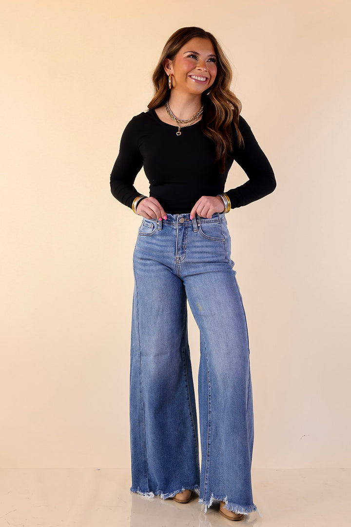 Risen | Holding Steady Wide Leg Raw Hem Jeans in Medium Wash