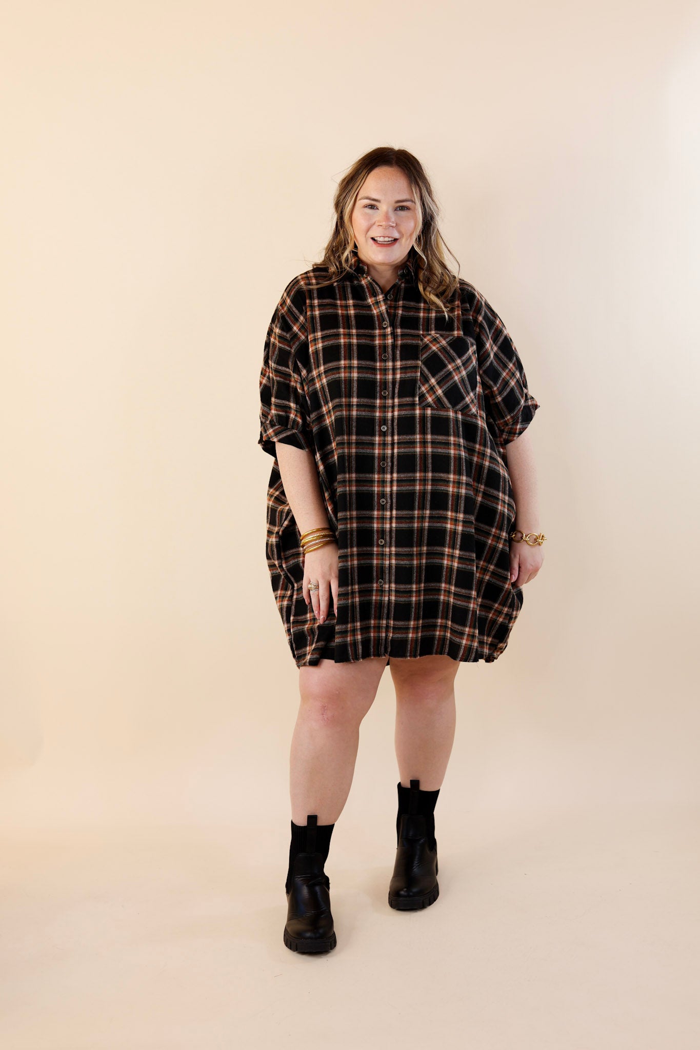 Cozy And Kind Button Up Plaid Dress in Black - Giddy Up Glamour Boutique