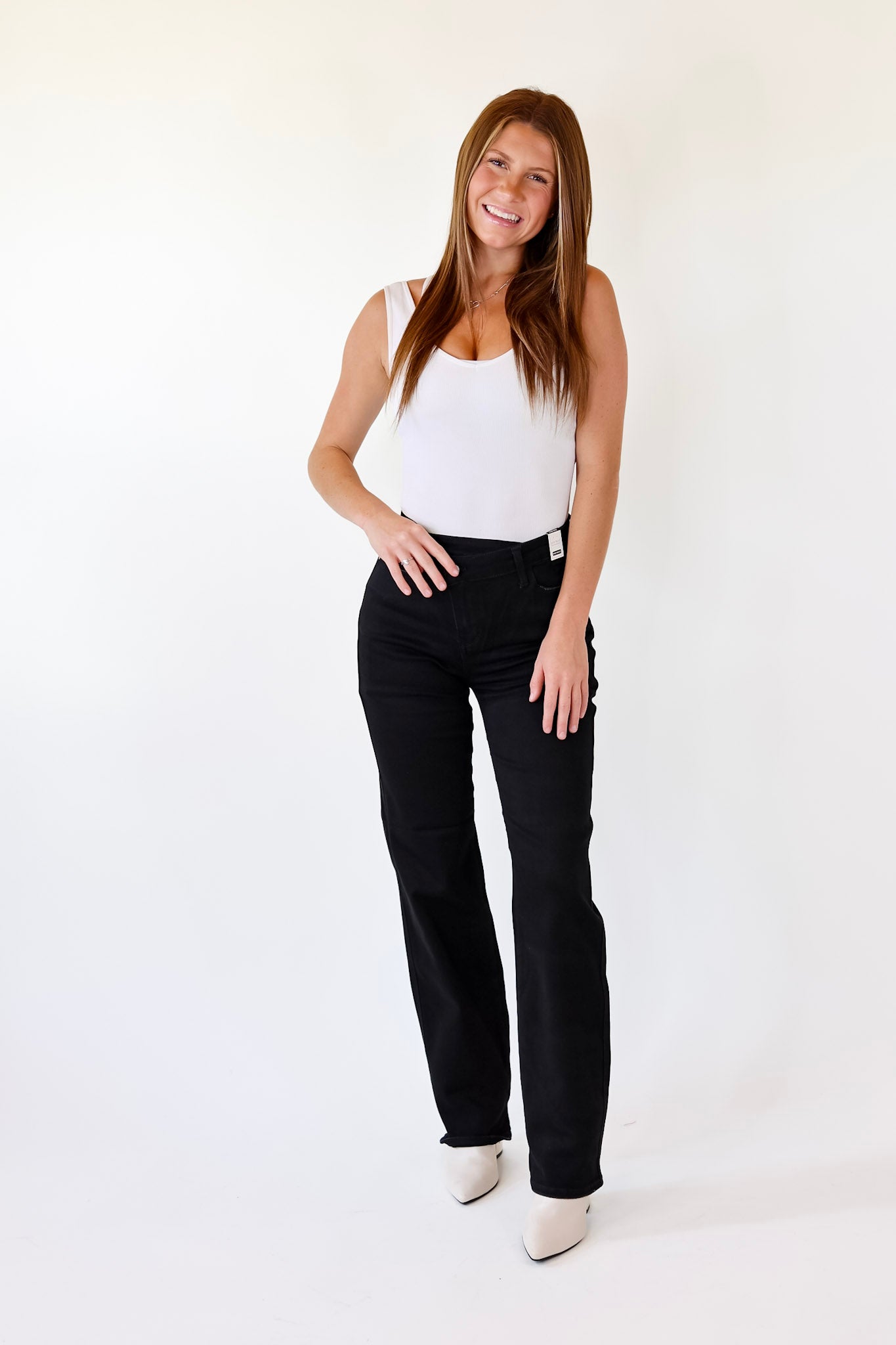 Judy Blue | Here Forward Criss-Cross Waistband Straight Leg Jeans in Black - Giddy Up Glamour Boutique