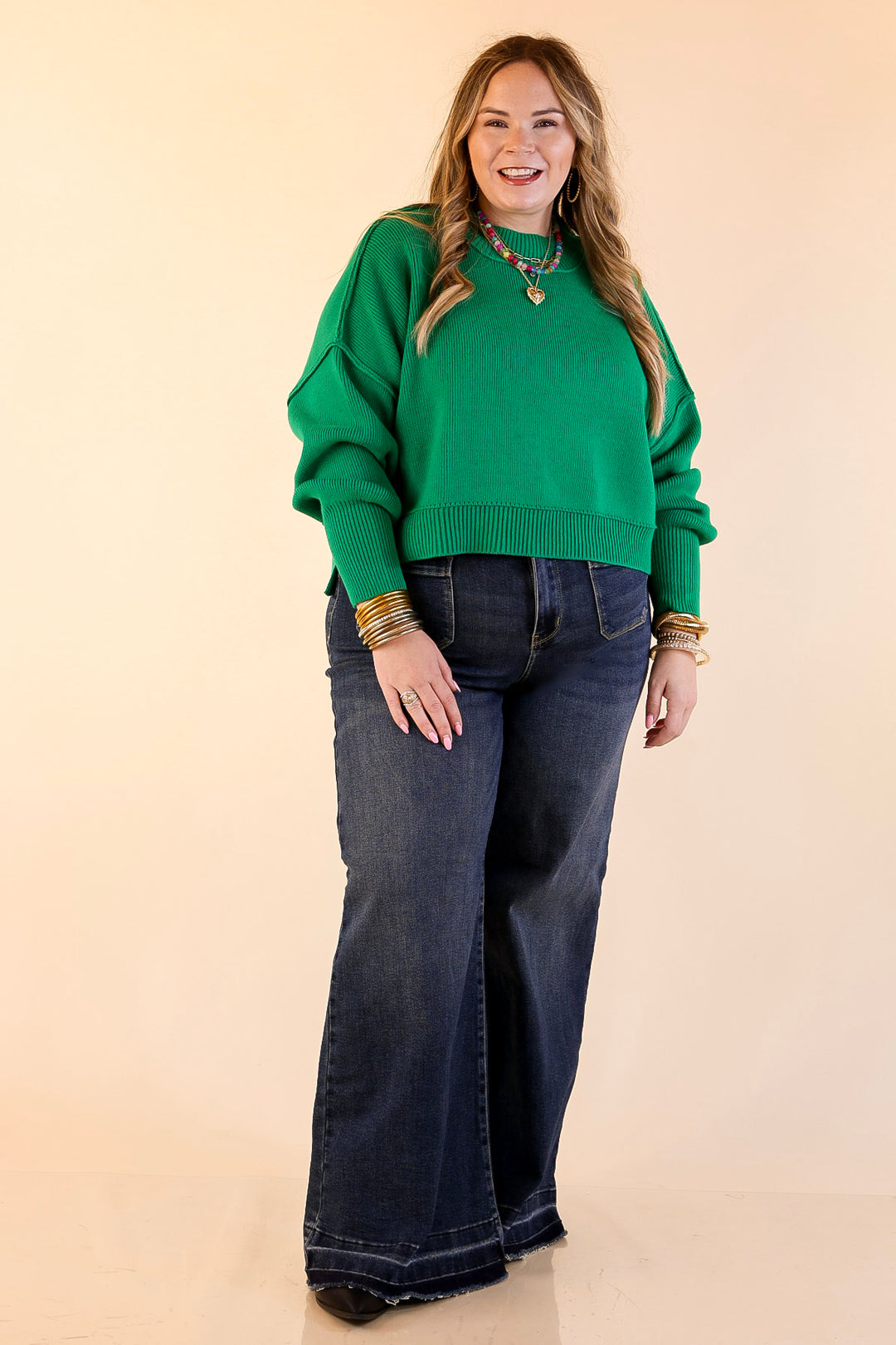 Fireside Fit Cropped Long Sleeve Mock Neck Sweater in Kelly Green