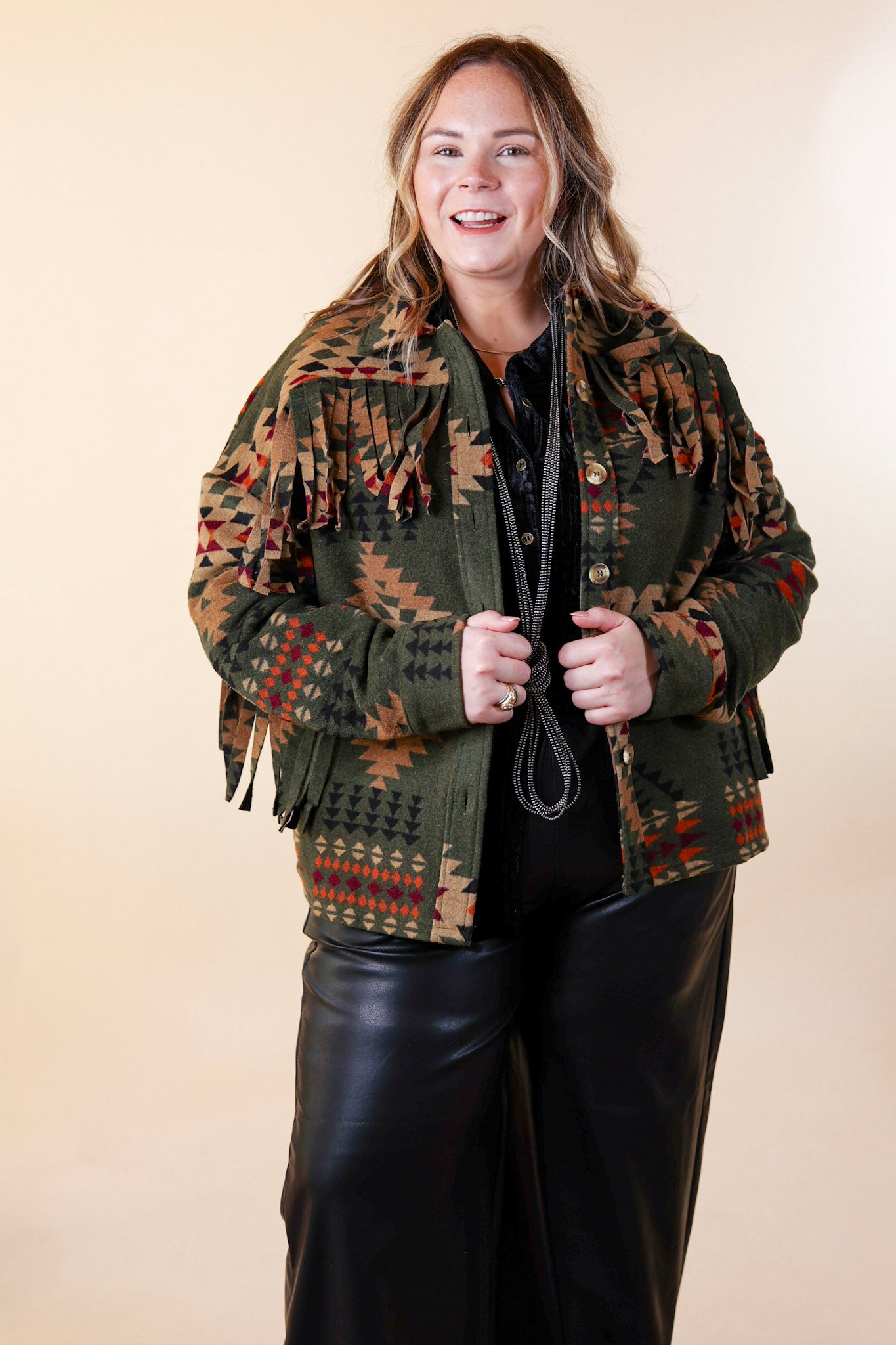 Take Over Aztec Print Button Up Jacket with Fringe in Olive Green - Giddy Up Glamour Boutique