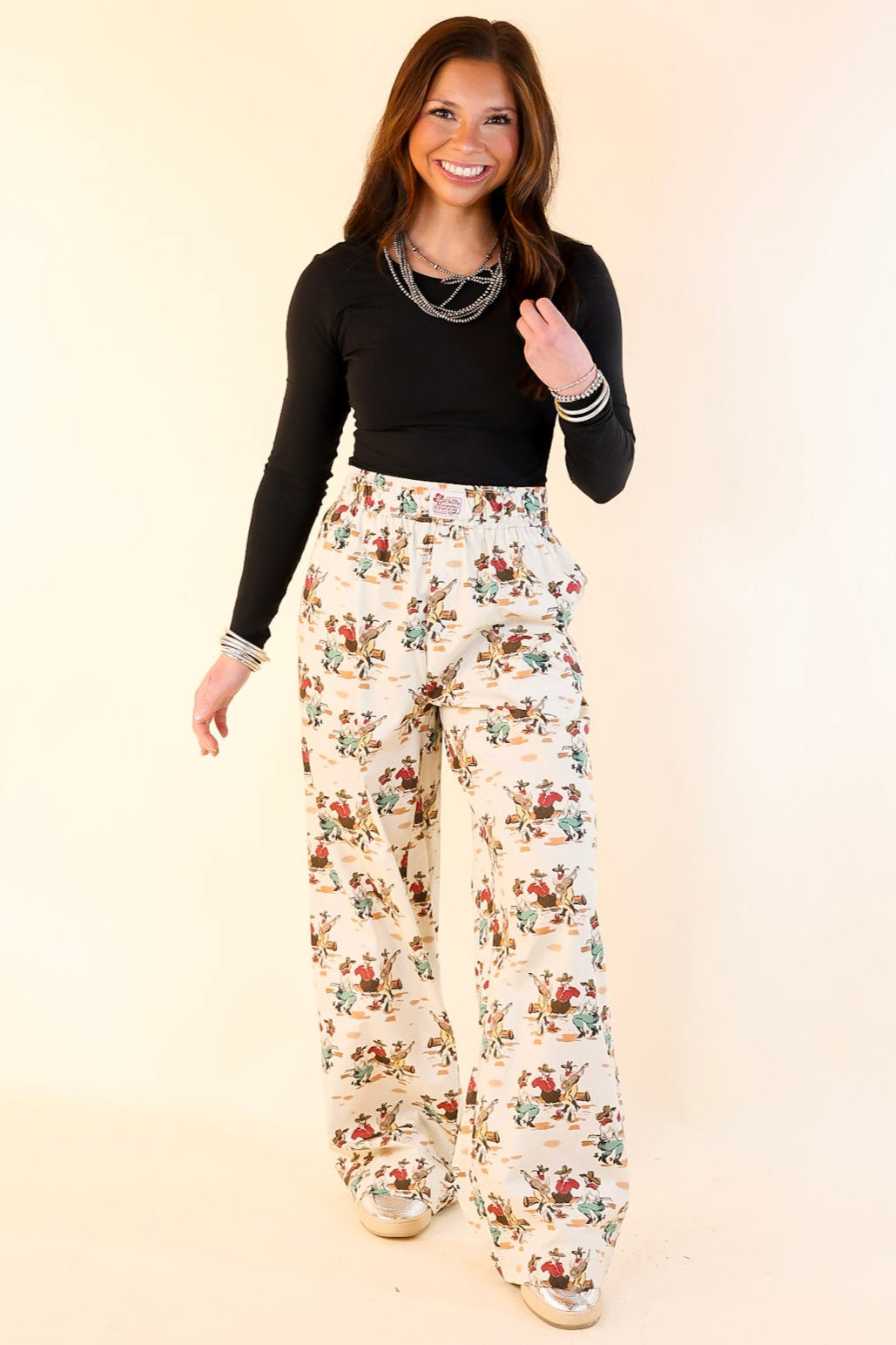 Newest Trend Cowboy Print Cotton Pants with Elastic Waistband in Ivory