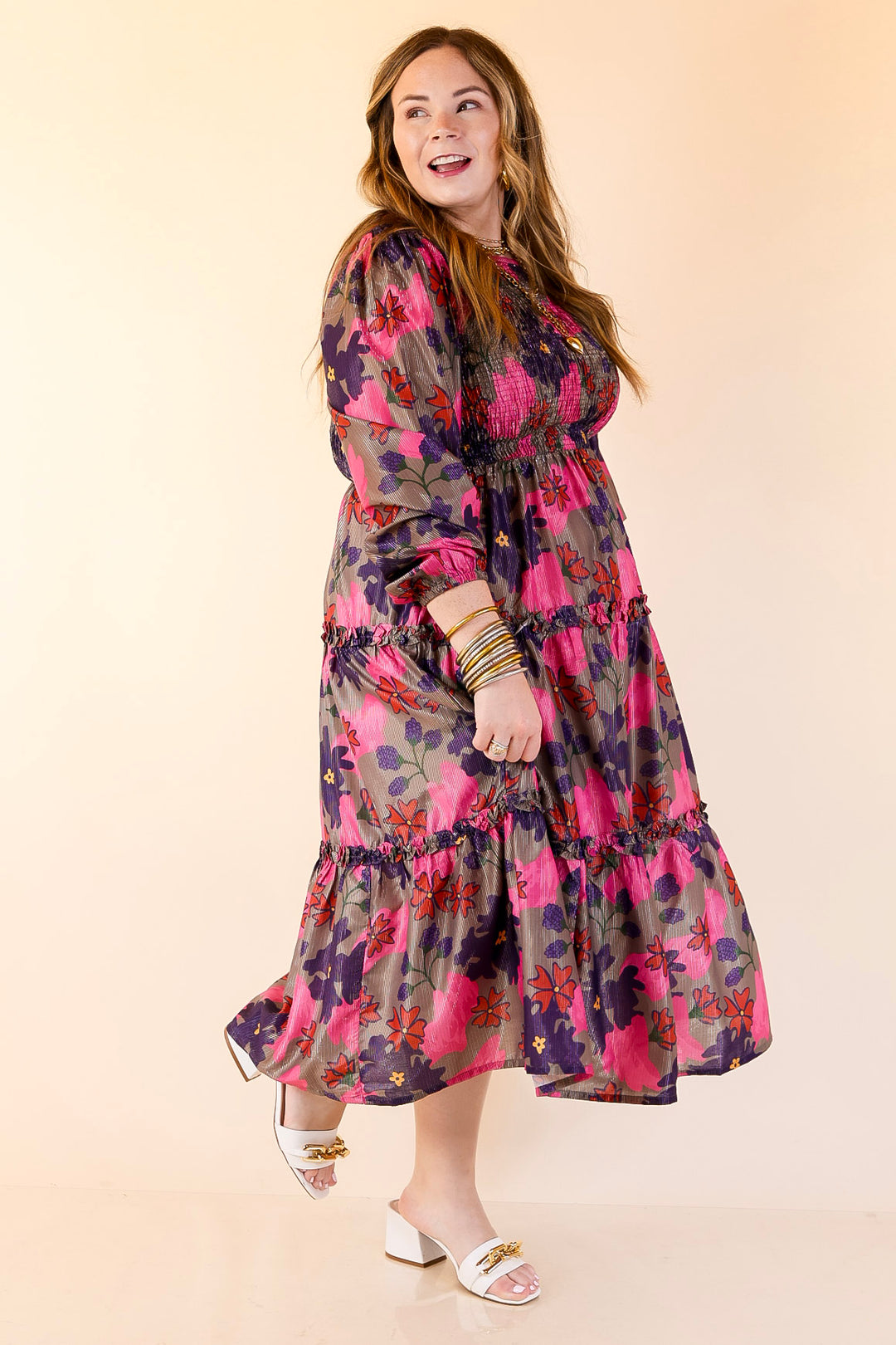 Mud Pie | Shaffer Smocked Bodice Long Sleeve Midi Dress with Tiered Skirt in Pink Mix