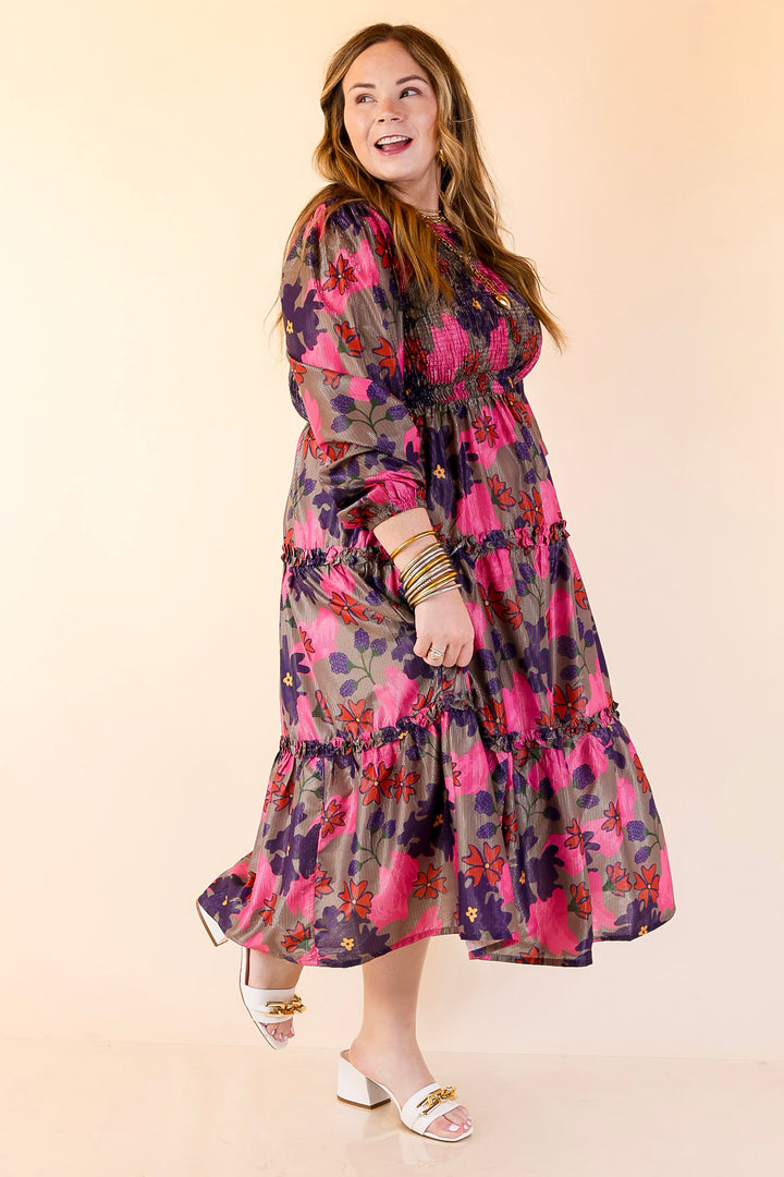 Mud Pie | Shaffer Smocked Bodice Long Sleeve Midi Dress with Tiered Skirt in Pink Mix