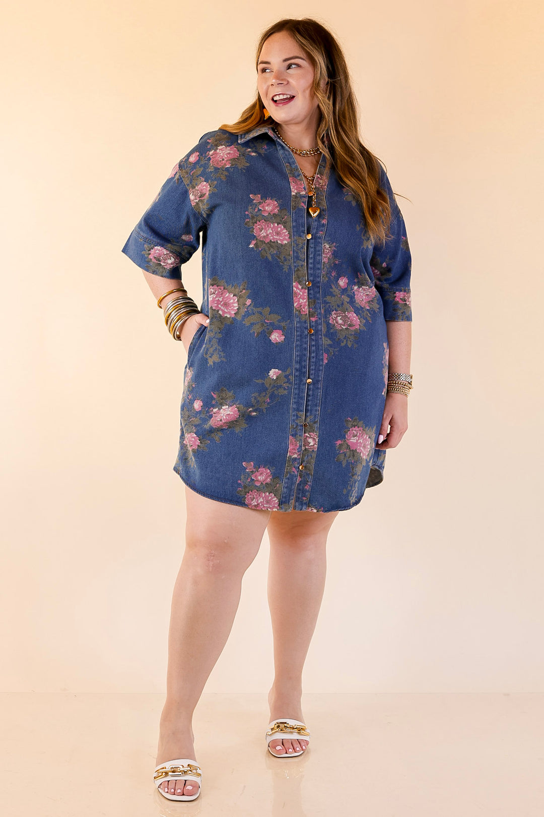 Flirting with Florals Floral Denim Shirt Dress with Gold Button Detail in Classic Blue Denim
