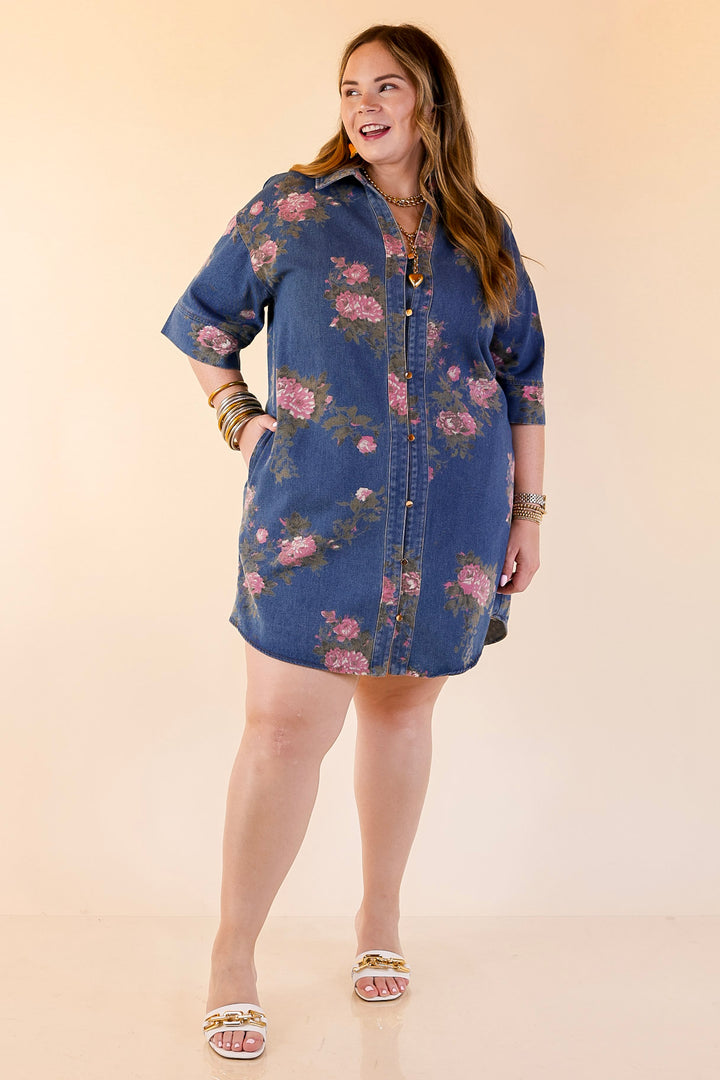 Flirting with Florals Floral Denim Shirt Dress with Gold Button Detail in Classic Blue Denim