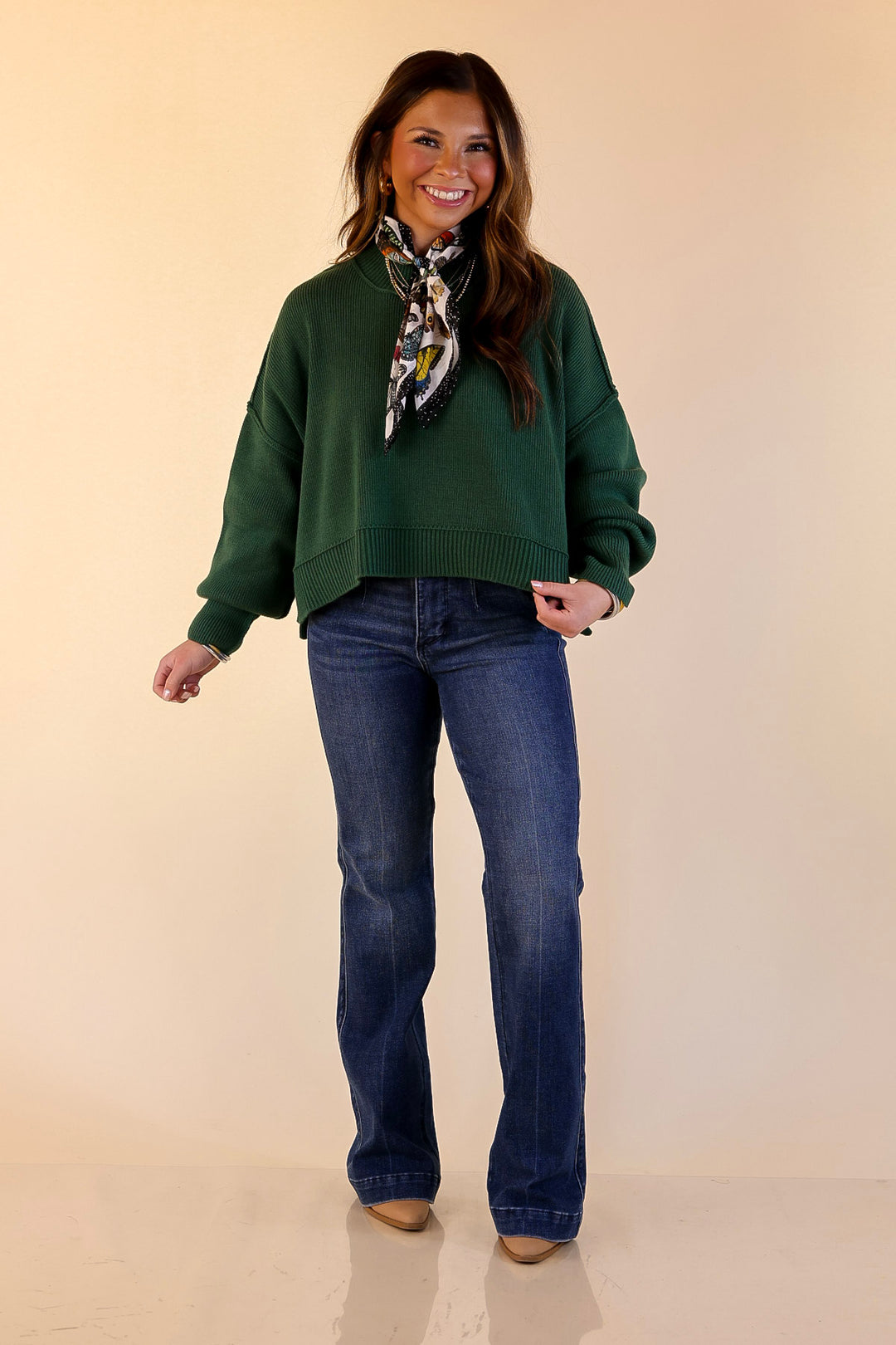 Fireside Fit Cropped Long Sleeve Mock Neck Sweater in Forest Green