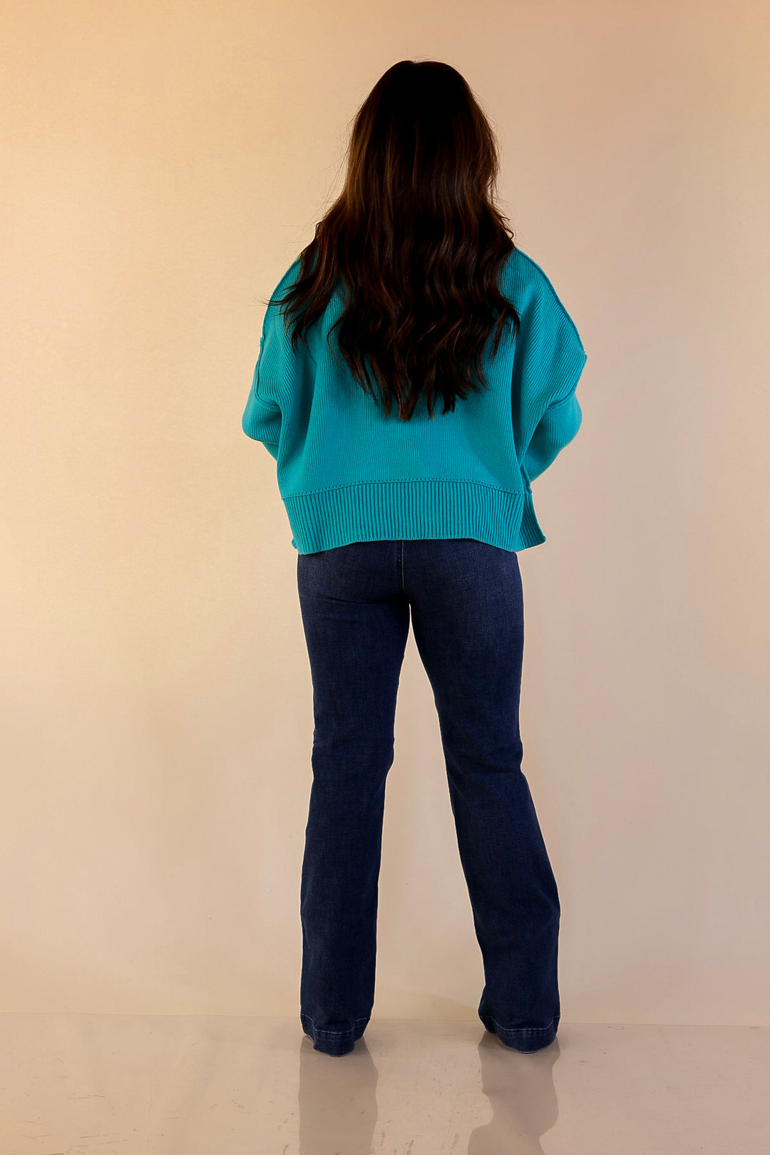 Fireside Fit Cropped Long Sleeve Mock Neck Sweater in Turquoise Blue