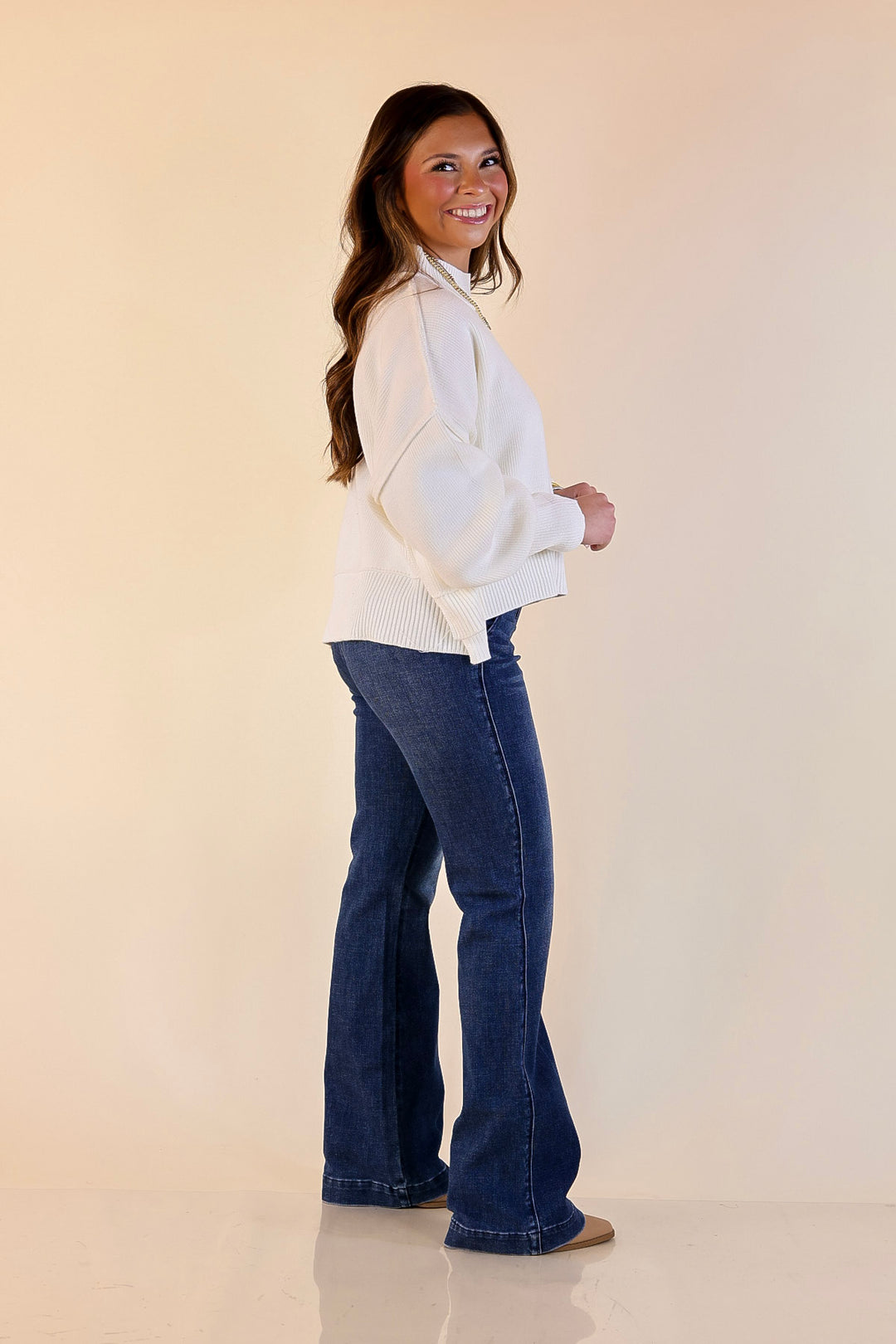 Fireside Fit Cropped Long Sleeve Mock Neck Sweater in Ivory