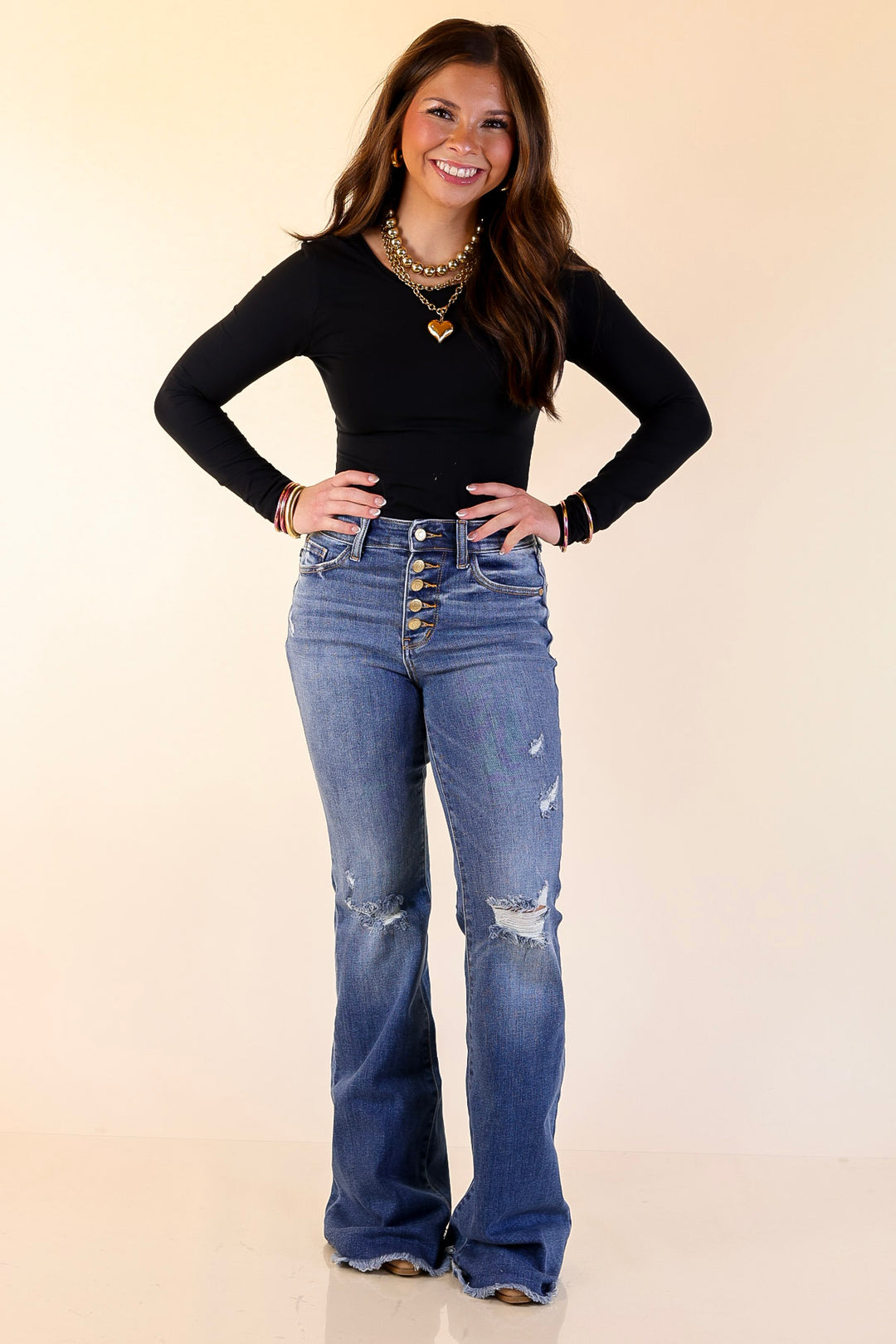 Judy Blue | The Statement Pair Button Fly Flare Jean in Medium Wash