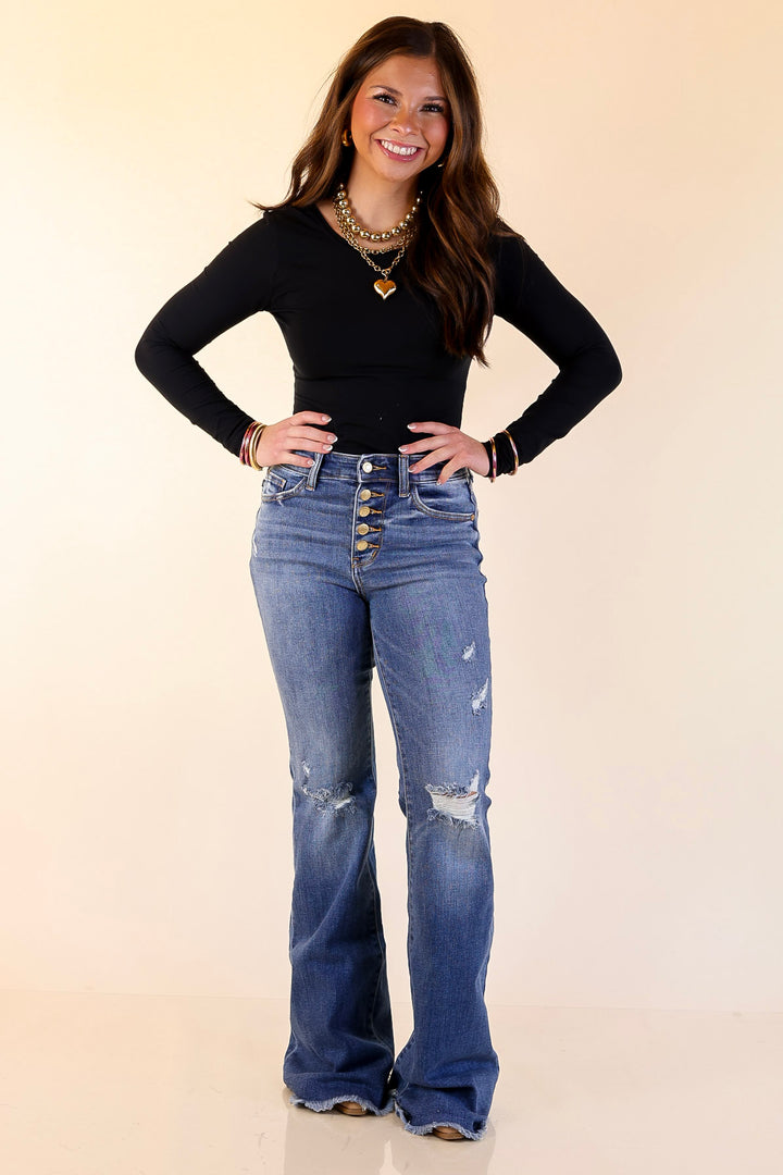 Judy Blue | The Statement Pair Button Fly Flare Jean in Medium Wash