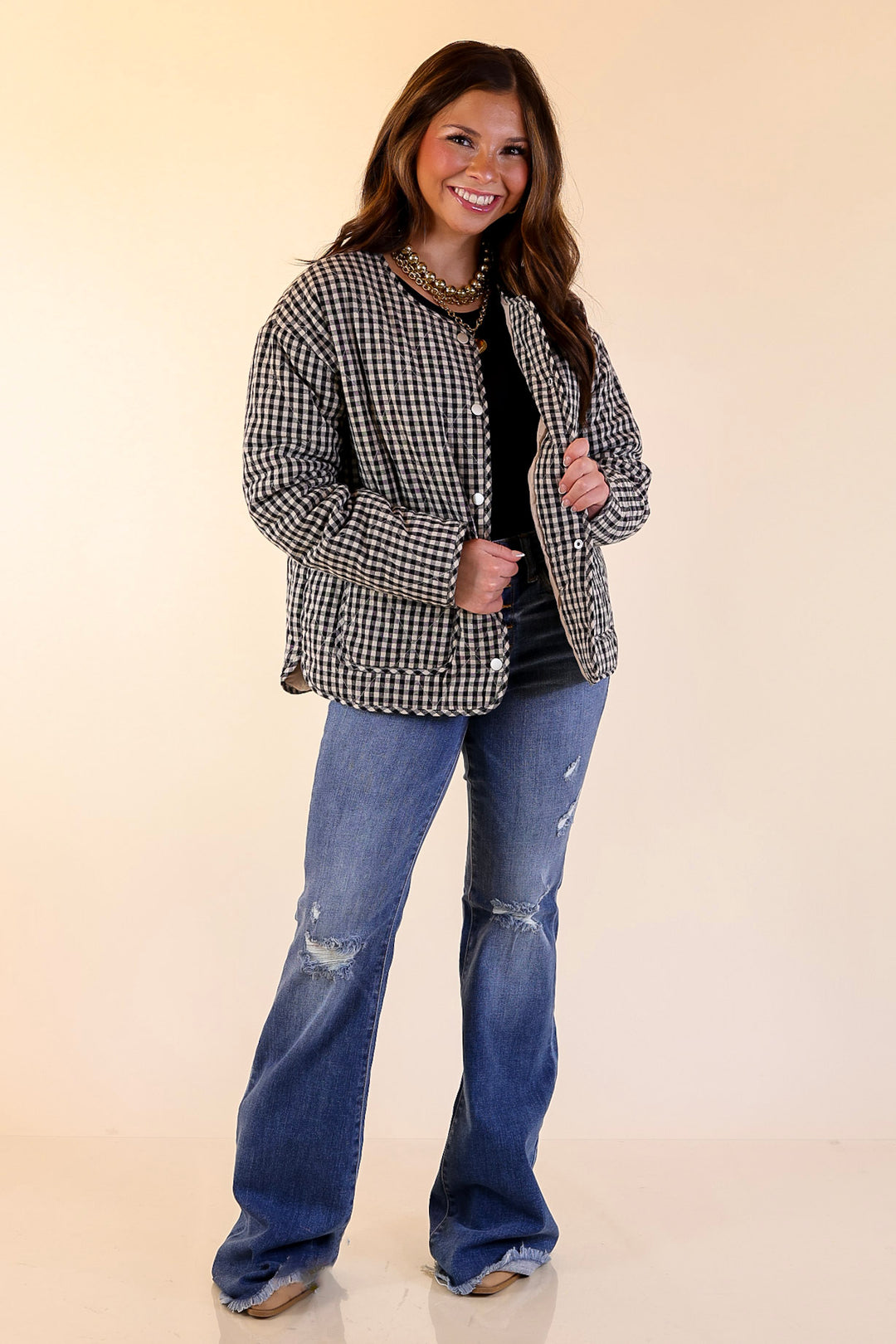 Check it Twice Quilted Gingham Plaid Jacket in Ivory and Black