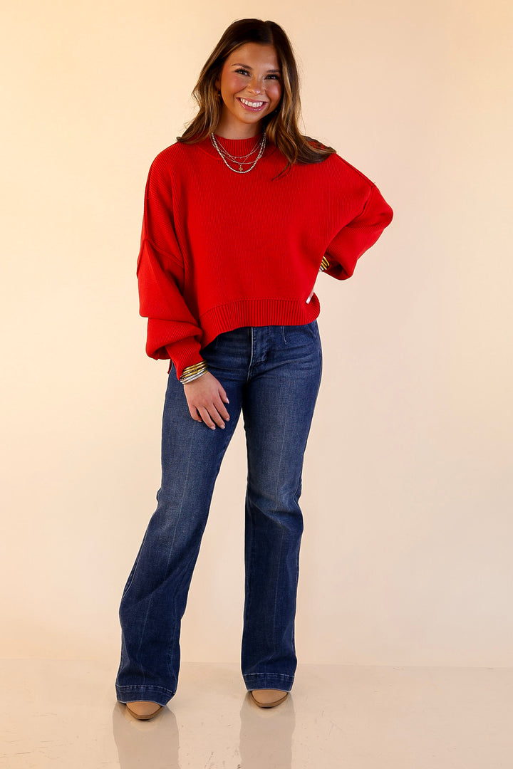 Fireside Fit Cropped Long Sleeve Mock Neck Sweater in Red