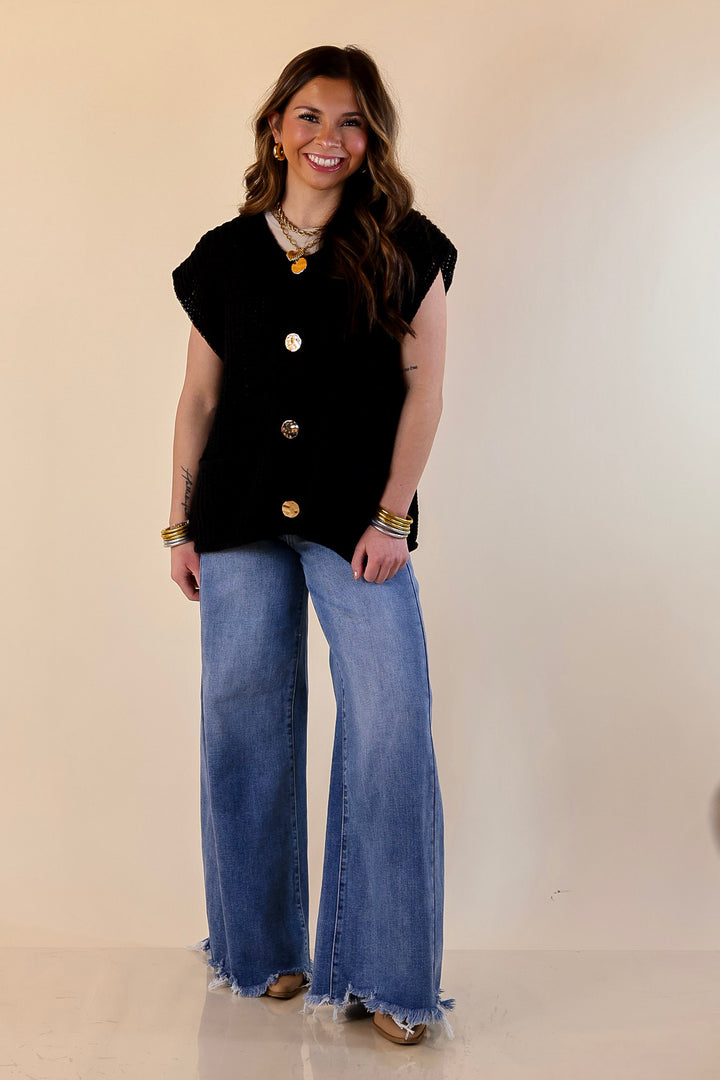 Always Effortless Oversized Button Down Large Knit Sweater Vest in Black