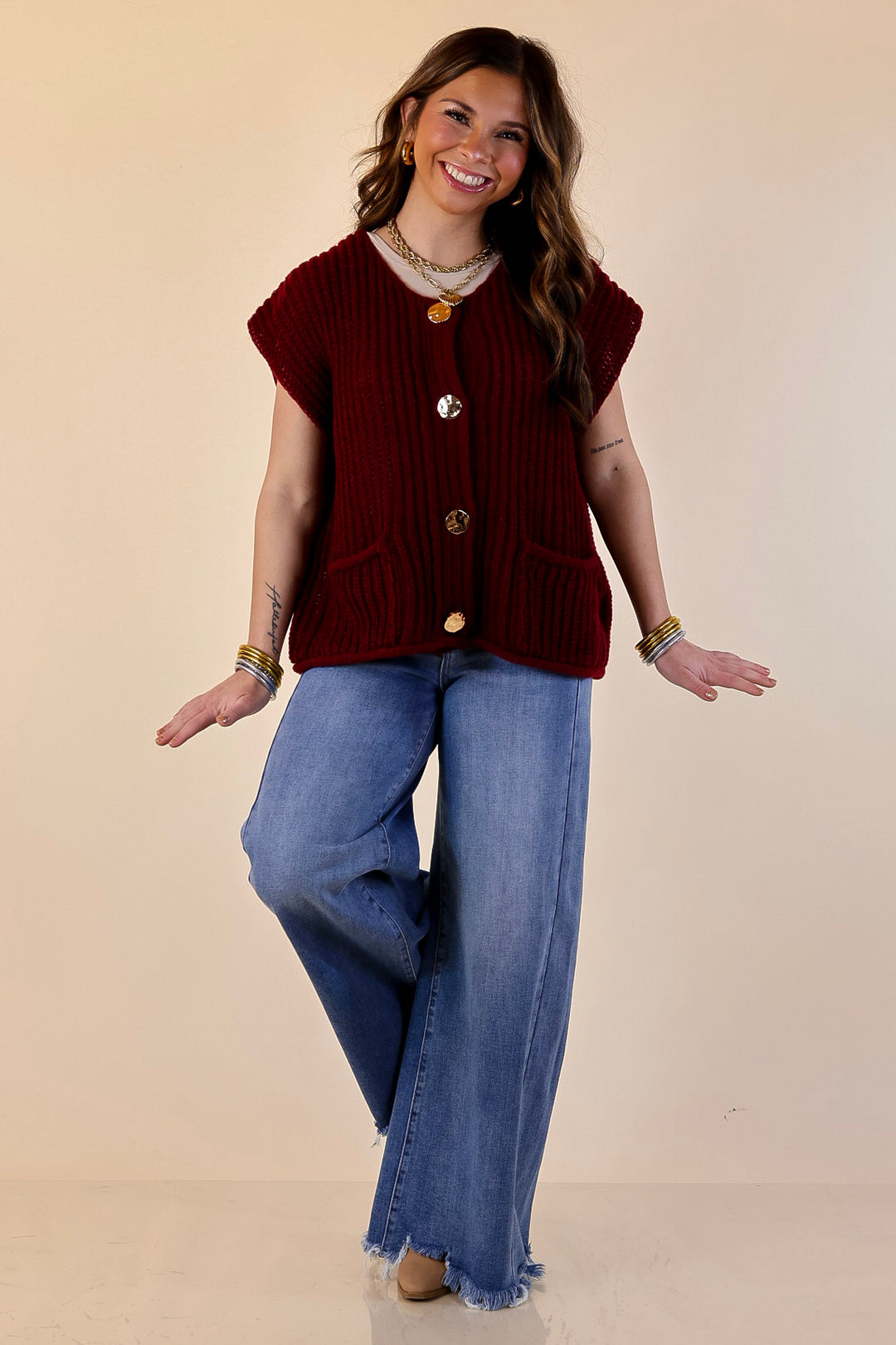 Always Effortless Oversized Button Down Large Knit Sweater Vest in Maroon