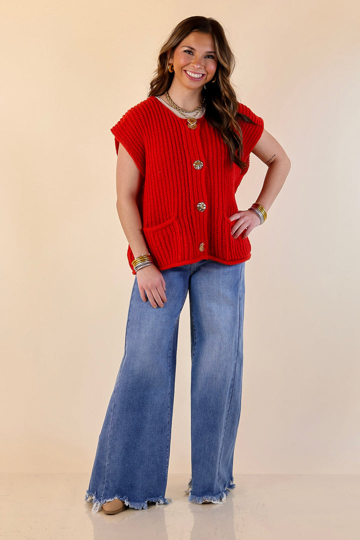 Always Effortless Oversized Button Down Large Knit Sweater Vest in Red