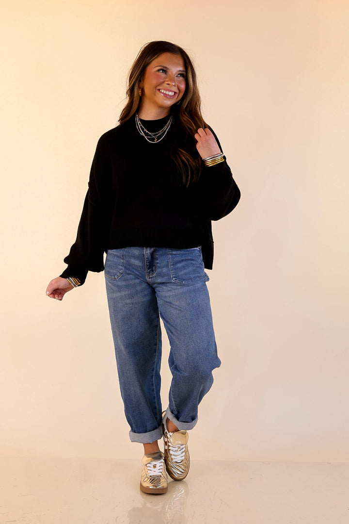 Fireside Fit Cropped Long Sleeve Mock Neck Sweater in Black