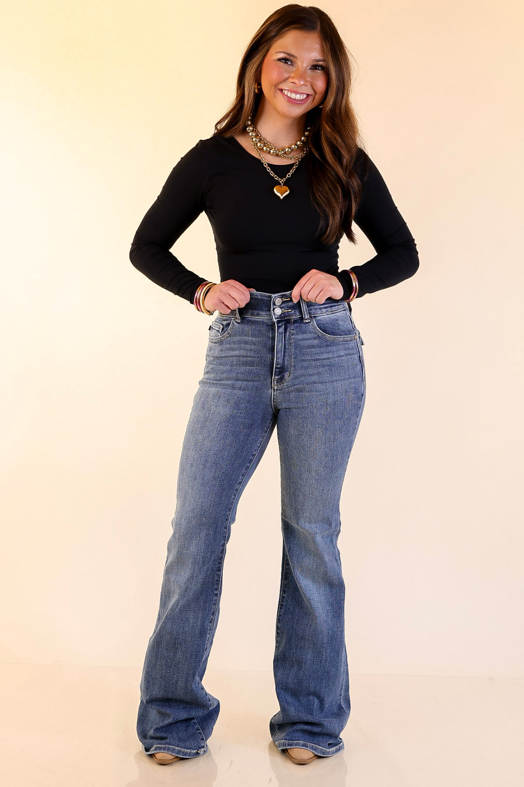 Judy Blue | Made for More Double Button Flare Jean in Medium Wash