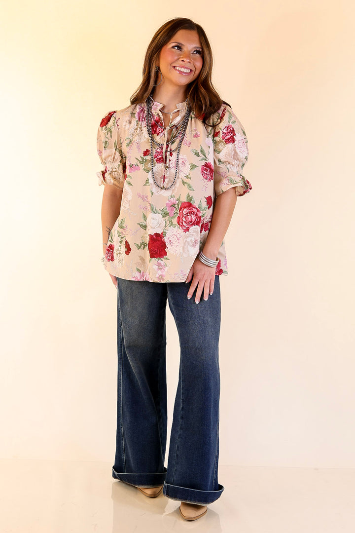 Freshly Picked Floral Print Top with Short Puff Sleeves in Beige