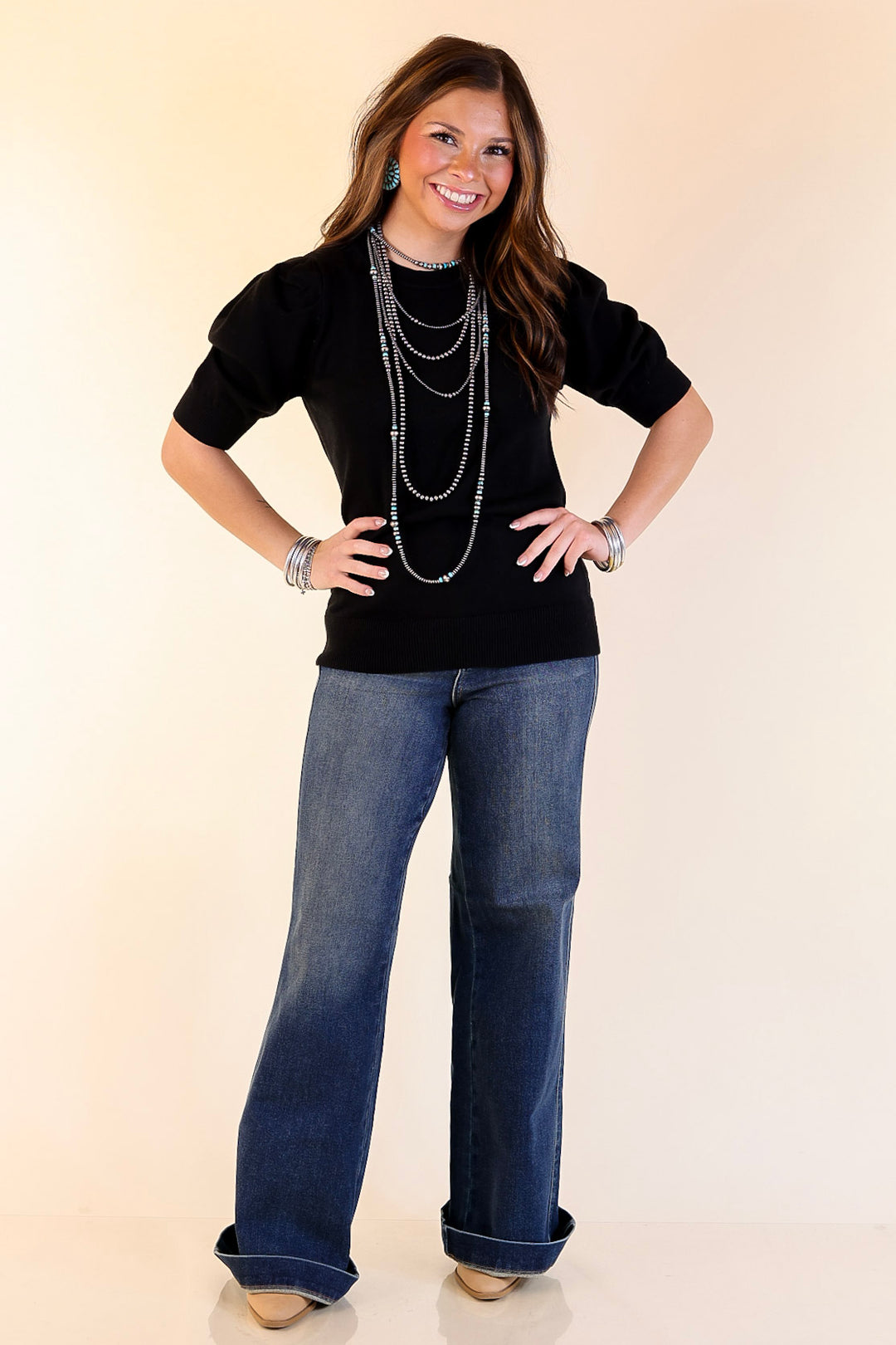 Sweet Sophistication Puff Short Sleeve Knit Sweater with Scoop Neck in Black