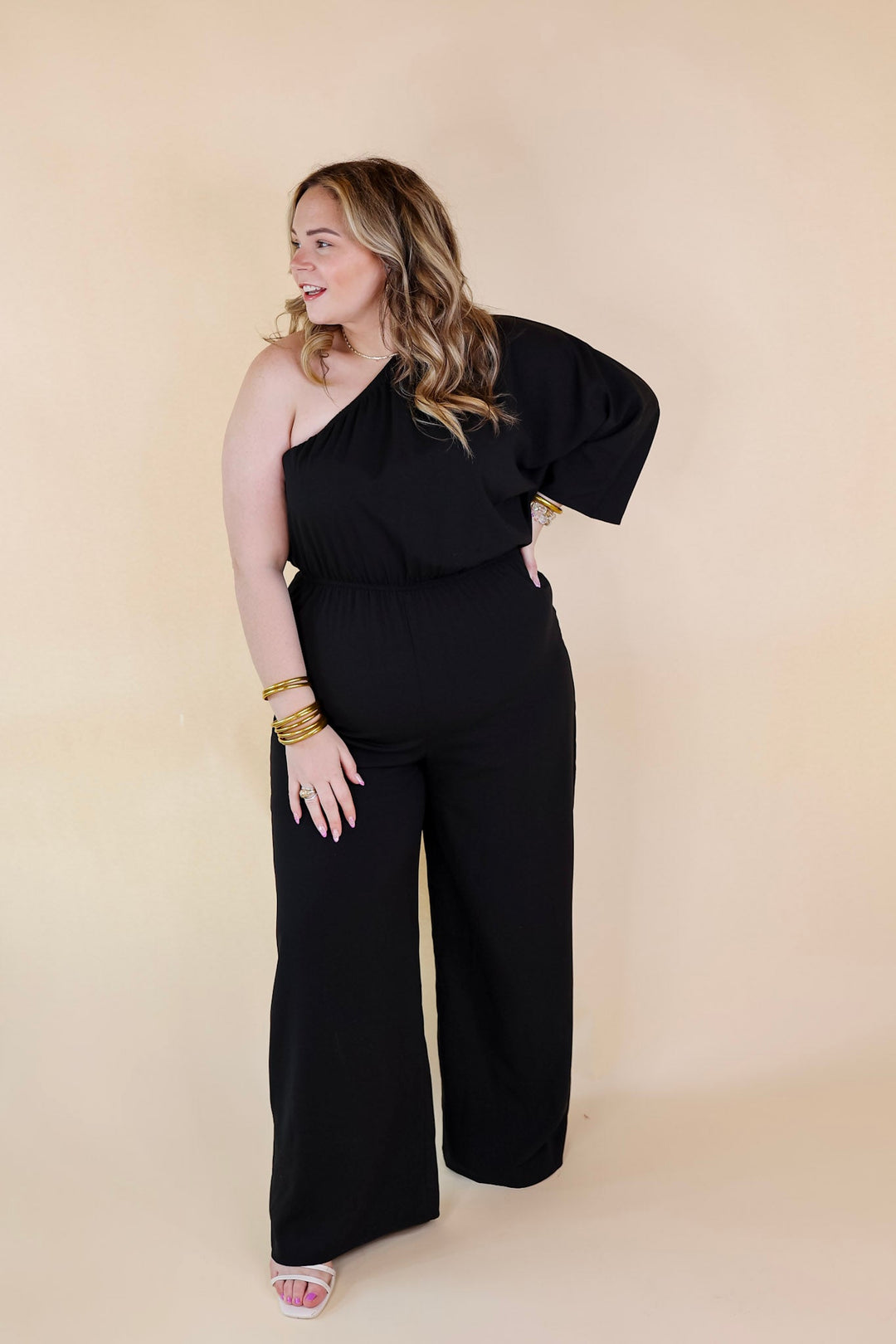 Ready To Wow One Shoulder Wide Leg Jumpsuit in Black - Giddy Up Glamour Boutique