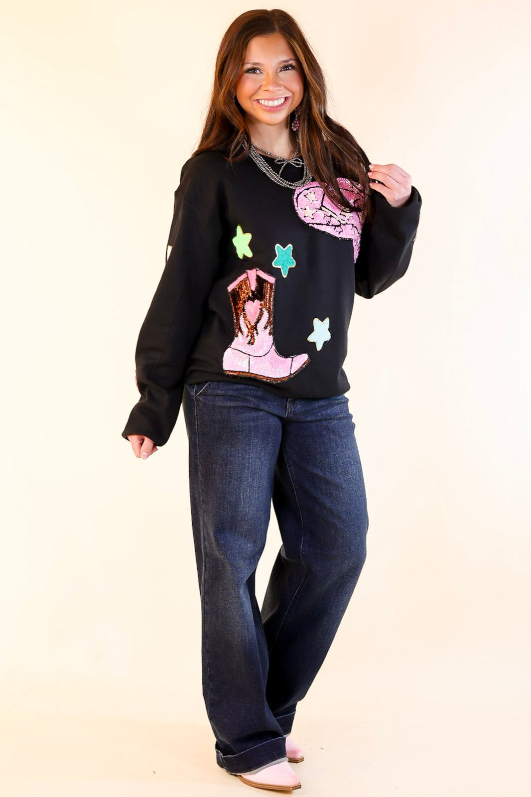 Nashville Lights Chenille and Sequin Patch Graphic Sweatshirt in Black