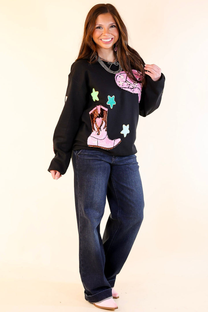 Nashville Lights Chenille and Sequin Patch Graphic Sweatshirt in Black