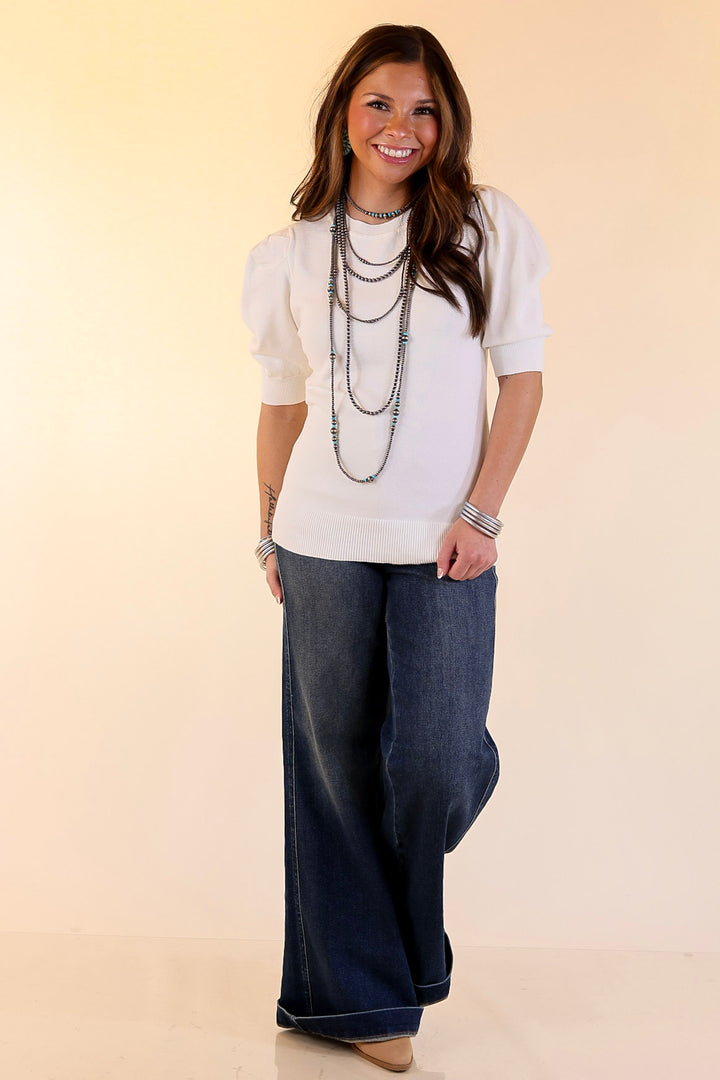 Sweet Sophistication Puff Short Sleeve Knit Sweater with Scoop Neck in Ivory