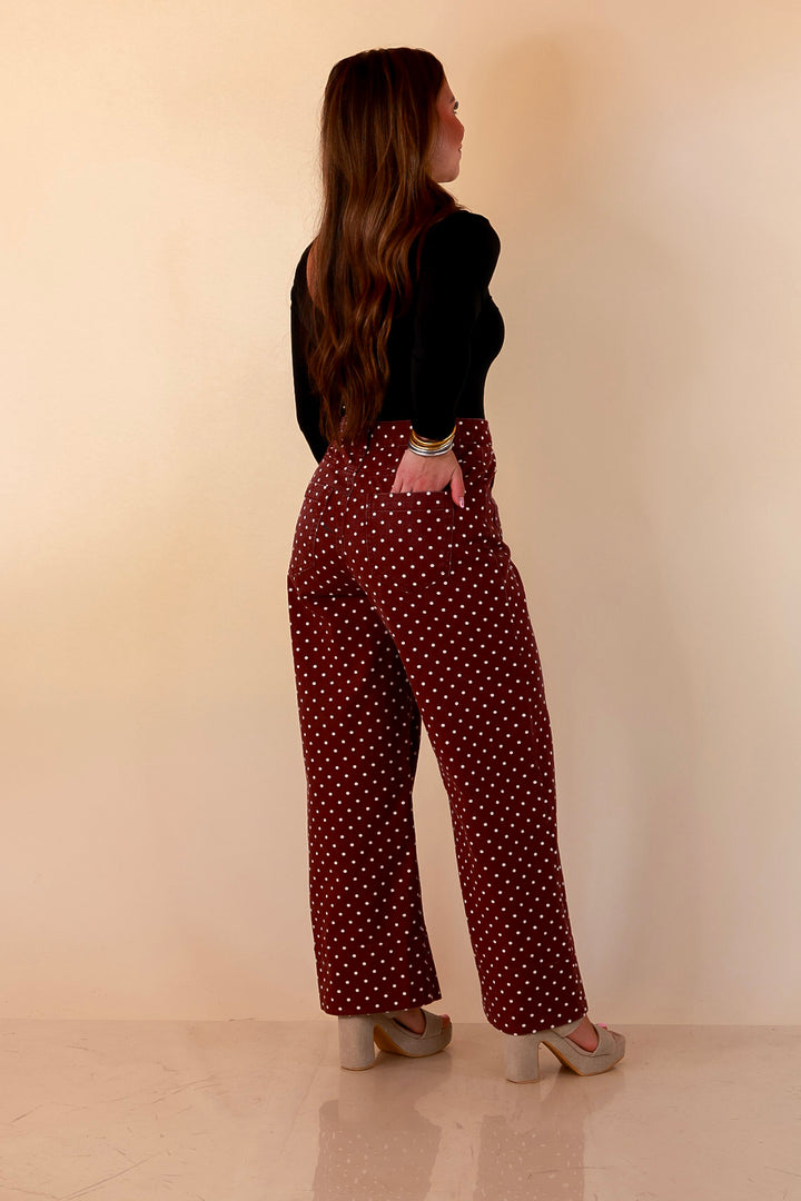 Rosy Outlook Polka Dot Print Wide Leg Denim Pants with Front Seam and Pockets in Maroon