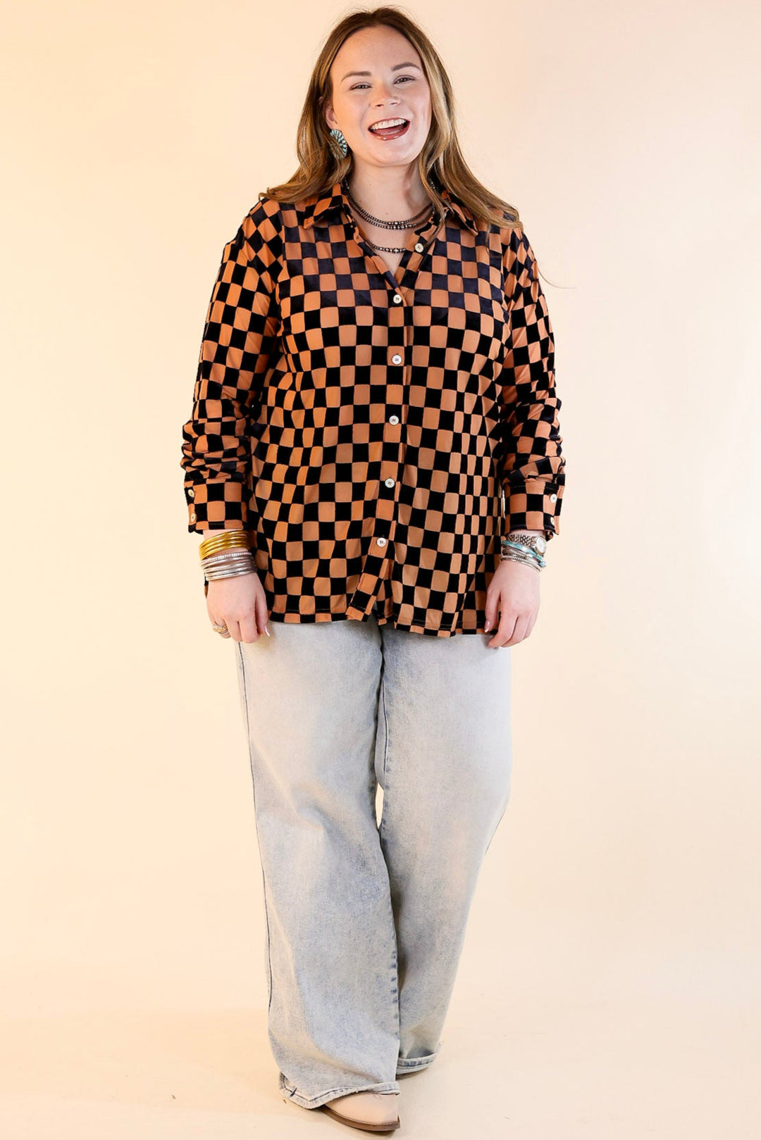 Style Icon Checkered Velvet Button Up Top in Black and Nude