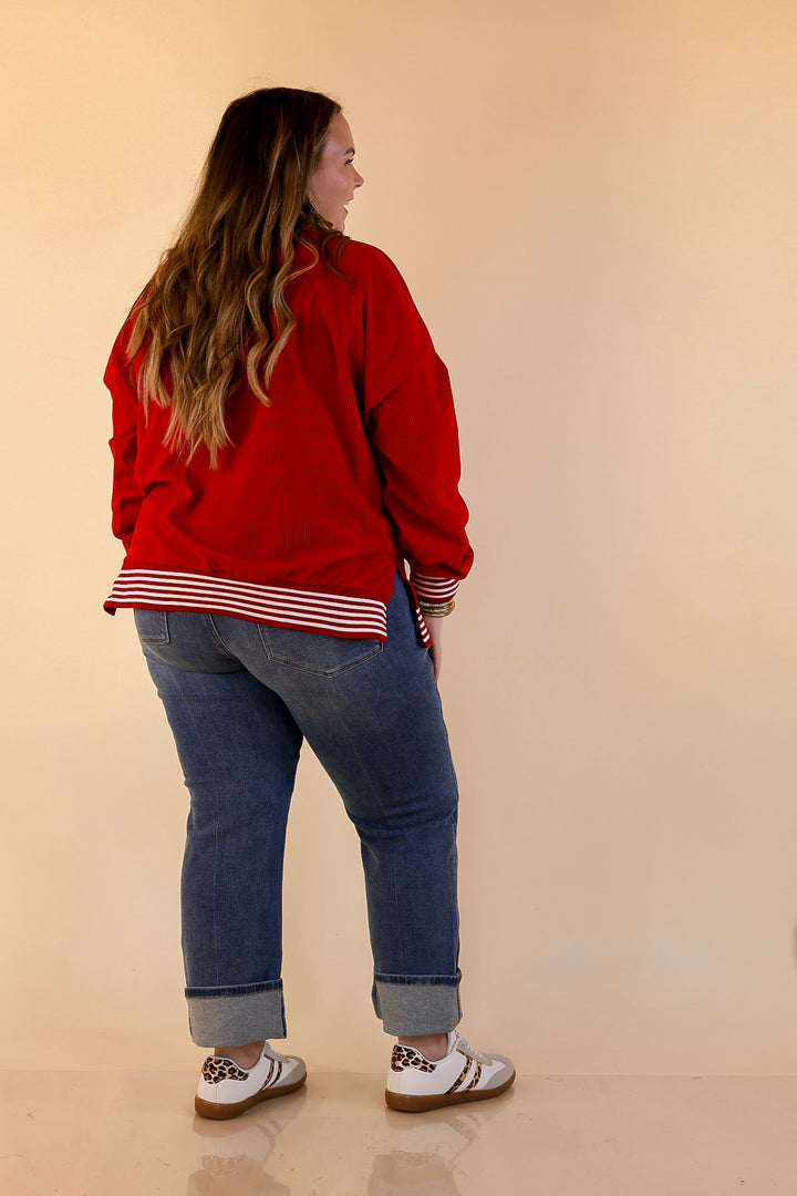 Candy Cane Lane Corduroy Crewneck Top with Side Slits and Sequin Candy Canes with Bows in Red