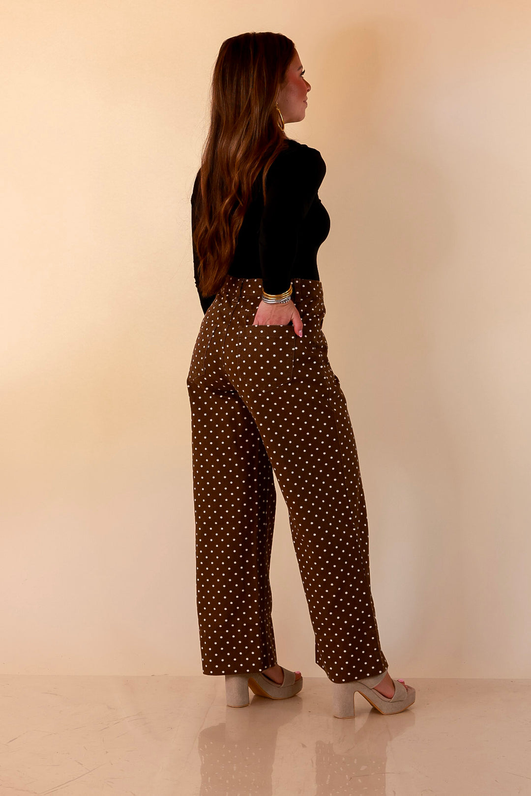 Rosy Outlook Polka Dot Print Wide Leg Denim Pants with Front Seam and Pockets in Chocolate Brown