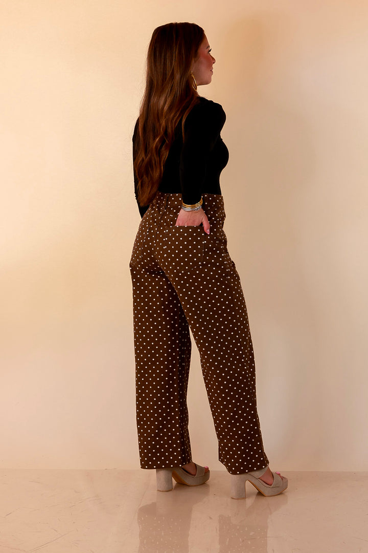 Rosy Outlook Polka Dot Print Wide Leg Denim Pants with Front Seam and Pockets in Chocolate Brown