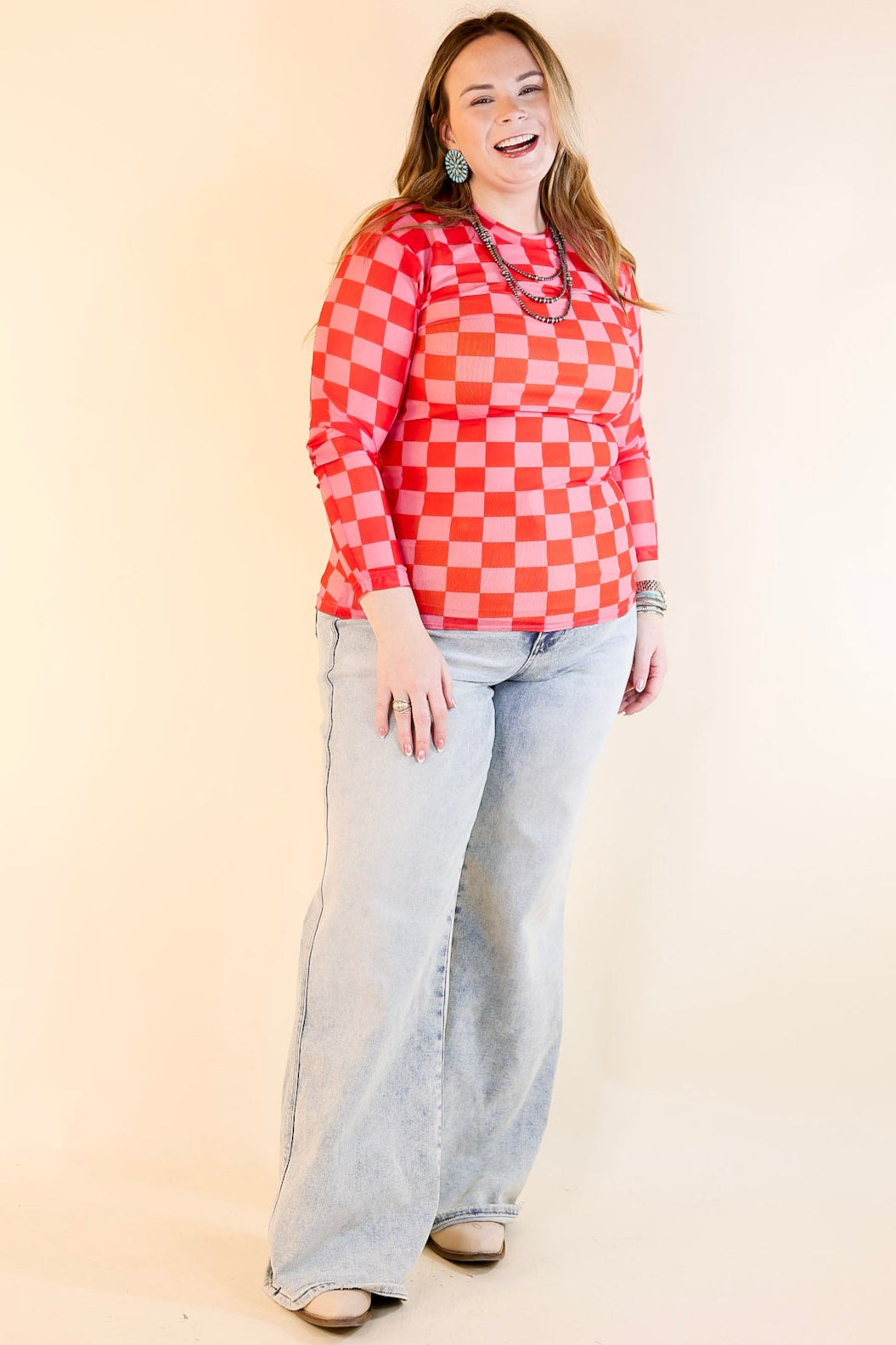 Western Dream Checkered Mesh Long Sleeve Top in Pink and Red
