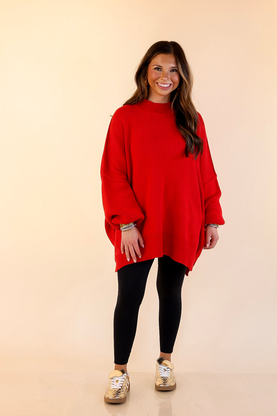 Snug and Stylish Mock Neck Sweater with Side Slit in Ruby Red