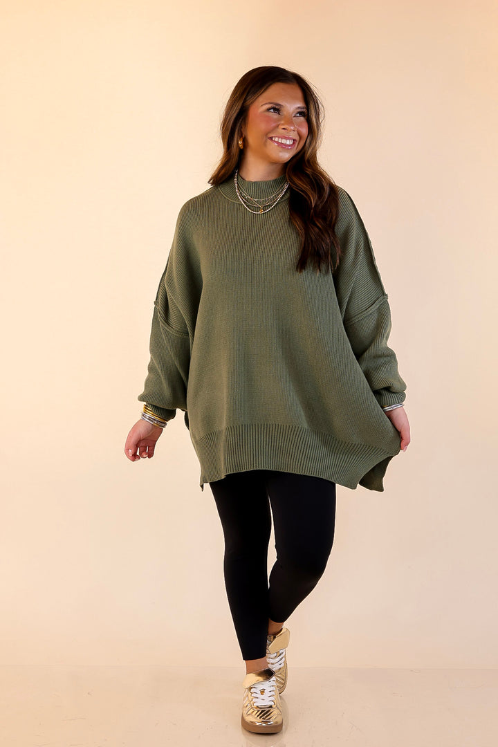 Snug and Stylish Mock Neck Sweater with Side Slit in Olive Green