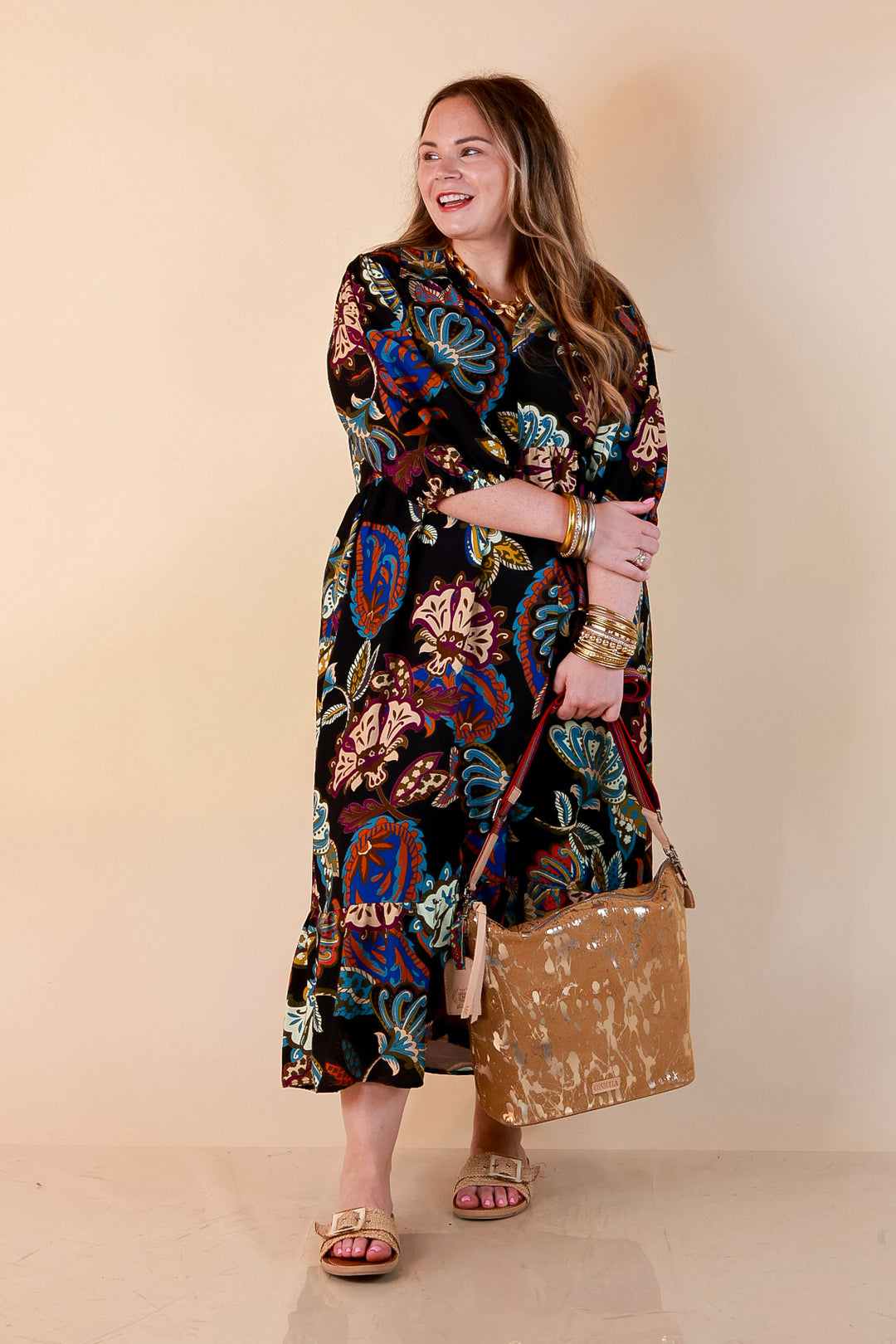 Season of Style Floral Print V Neck 3/4 Sleeve Collared Tiered Midi Dress in Black Multi