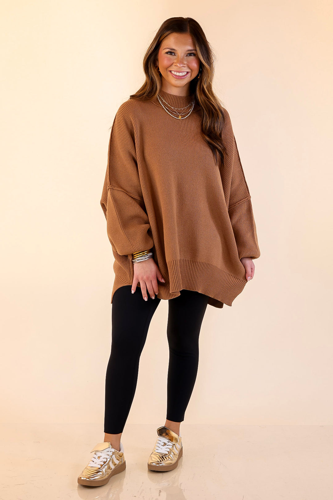 Snug and Stylish Mock Neck Sweater with Side Slit in Camel Brown